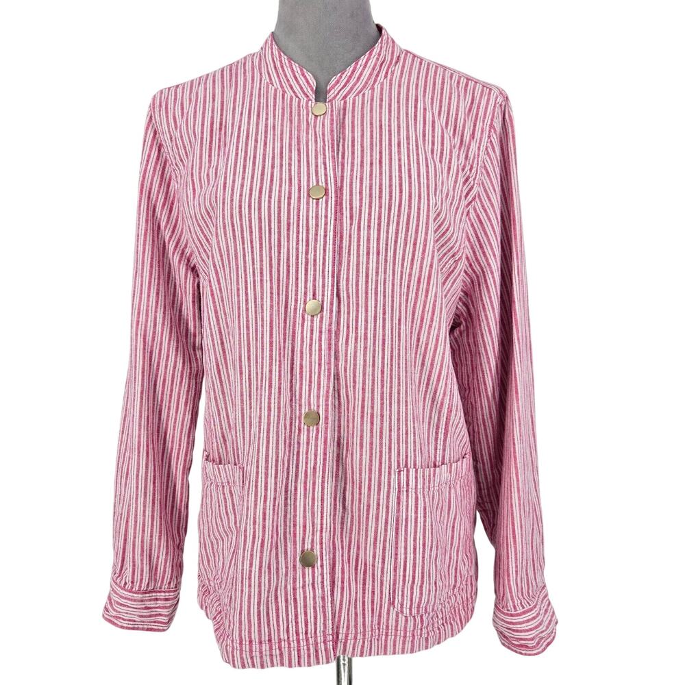 Chicos Jacket 3 Womens XL Linen Blend Reversible Pink White Stripe Snaps Beach